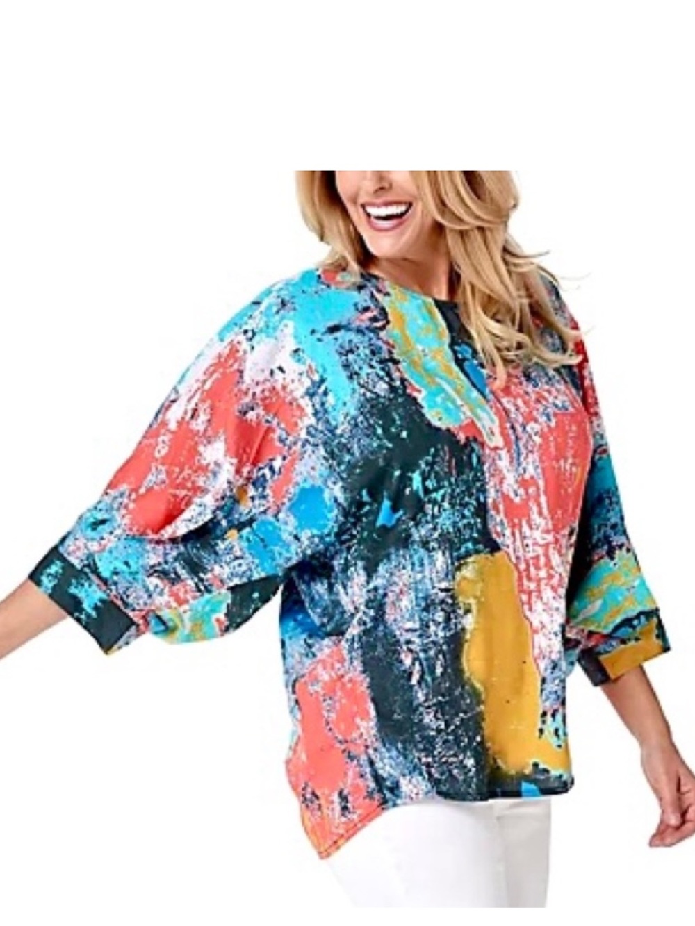 Tolani Collection Abstract Patchwork Top Women’s S Lantern Sleeves Oversized Art